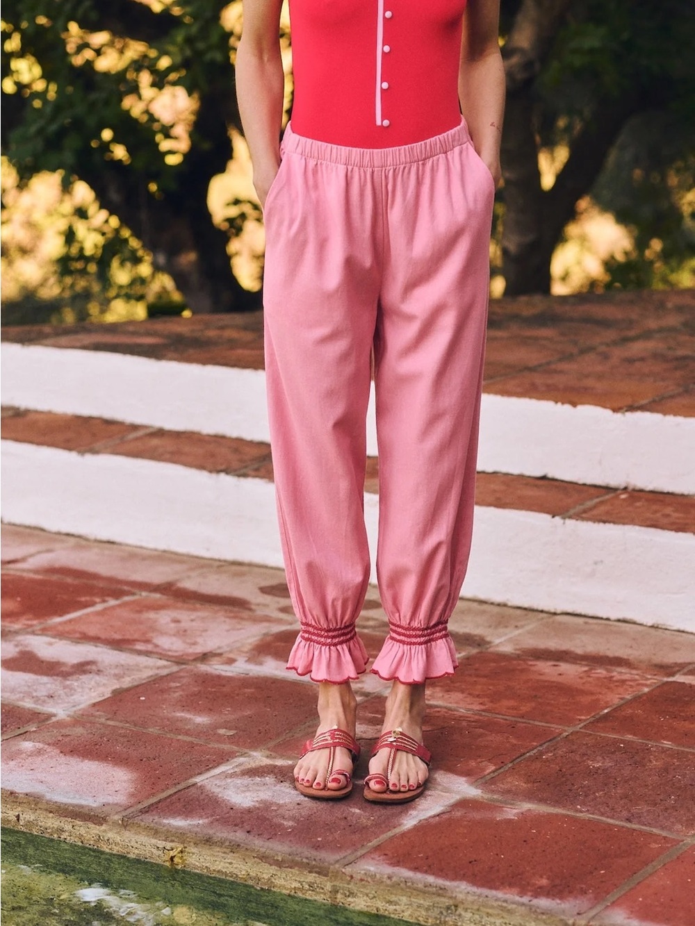 NWT MARIADELAORDEN Dinard Pants Women’s Pink Ruffle Hem Elastic Waist Pants Sz S